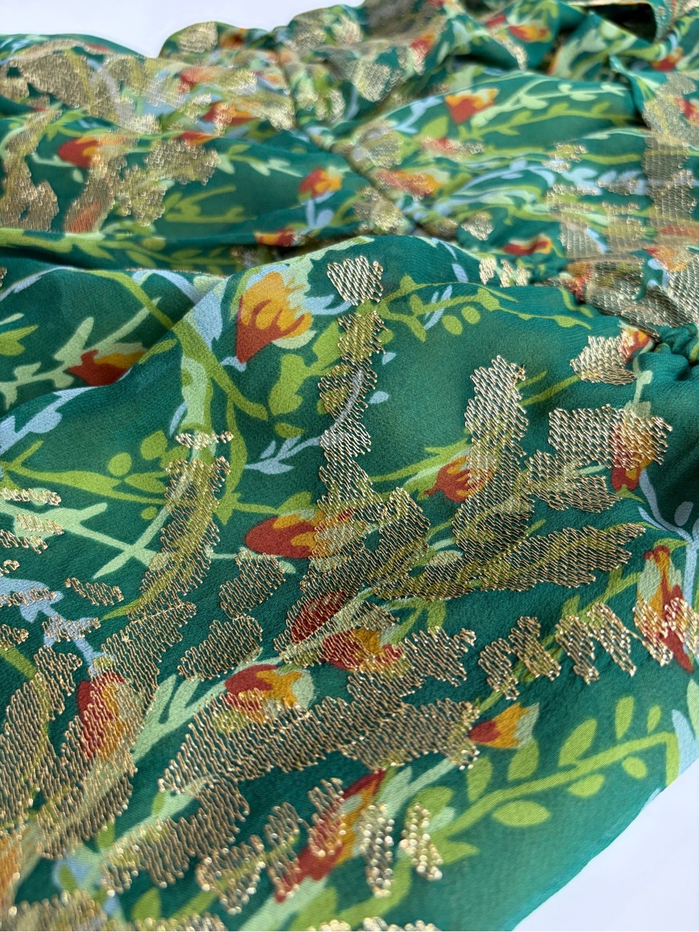 Anthropologie 12th Street 100% Silk Green Gold Ruffle Wedding Guest Dress Medium - Picture 13 of 15